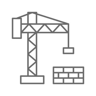 Siyah ana hatlı Emlak ikonu. Miğfer, mühendis, işçi, endüstri, aletler, vinç, ekipman. Vektör illüstrasyonu