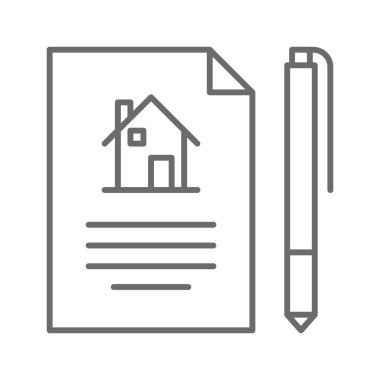 Siyah ana hatlı Emlak ikonu. İşbirliği, sözleşme, belge, kalite, form, başvuru, şirket. Vektör illüstrasyonu