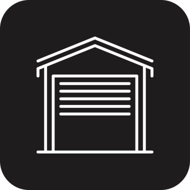 Siyah çizgili bir emlak simgesi. Araba, tamirci, otomotiv, ulaşım, ev, bakım, park. Vektör illüstrasyonu