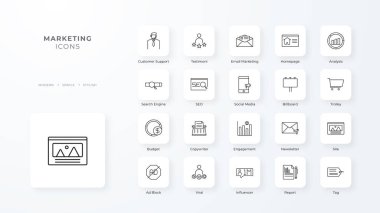 Siyah ana hatlı pazarlama simgeleri koleksiyonu. Sosyal, seo, medya, strateji, internet, optimizasyon, yönetim. Vektör illüstrasyonu