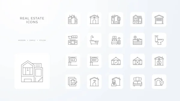 Real Estate Icons Collection Black Outline Style Building Home House — Stock Vector