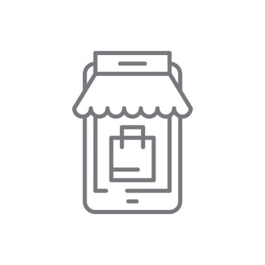 E-ticaret pazarlama simgesi, siyah ana hatlı. Araba, mağaza, ağ, satış, pazar, teslimat, ödeme. Vektör illüstrasyonu