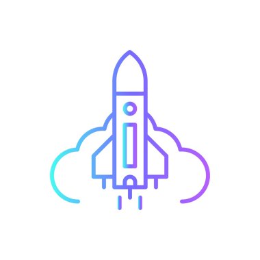 Mavi duoton tarzında bir pazarlama simgesi başlat. Roket, yukarı, strateji, teknoloji, konsept, hedef, yenilik. Vektör illüstrasyonu