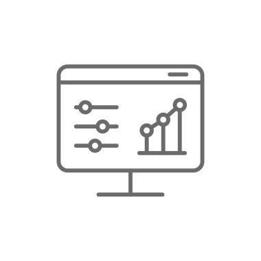 Siyah ana hatlı istatistik veri analiz simgesi. grafik, diyagram, rapor, analitik, yönetim, bilgi, grafik. Vektör illüstrasyonu