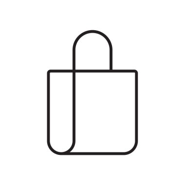 Poşet E-Commers simgesi, siyah ana hatlı. satın al, perakende, kağıt, paket, paket, el çantası, satın al. Vektör illüstrasyonu