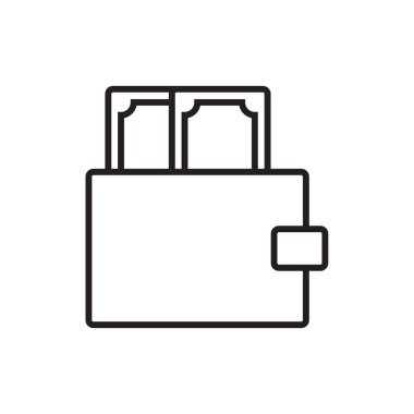 Cüzdan E-Commers simgesi, siyah çizgili. Para, ödeme, nakit, dolar, finans, kart, kredi. Vektör illüstrasyonu