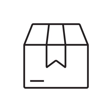 Siyah dış hatları olan E-Commers ikonu. kutu, ambalaj, kalite, paket, teslimat, nakliye, kırılgan, depo. Vektör illüstrasyonu