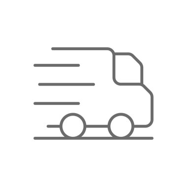 Nakliye E-Commers simgesi, siyah ana hatlı. Ulaşım, teslimat, kargo, kamyon, sevkiyat, lojistik, dağıtım. Vektör illüstrasyonu