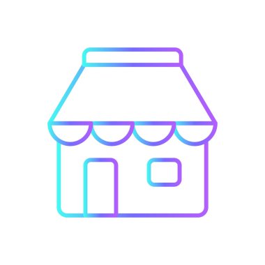 Mavi duoton tarzı E-Commers simgesi. Pazar, perakende, teslimat, süpermarket, bina, alışveriş. Vektör illüstrasyonu