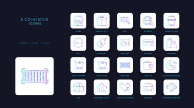 Mavi duoton tarzı E-Commers simgeleri koleksiyonu. teknoloji, iş, dijital, medya, dükkan, cep telefonu, ticaret. Vektör illüstrasyonu