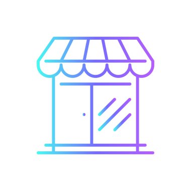 Mavi duoton tarzı E-Commers simgesi. Pazar, perakende, teslimat, süpermarket, bina, alışveriş. Vektör illüstrasyonu