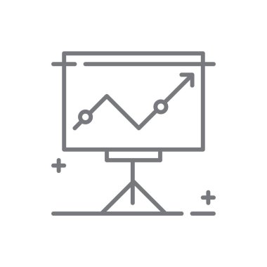 Sunum İş ve ofis ikonu, siyah taslak tarzıyla. Konferans, seminer, toplantı, iletişim, tartışma, strateji, sınıf. Vektör illüstrasyonu