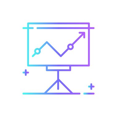 Mavi duotone tarzı sunum ve ofis ikonu. Konferans, seminer, toplantı, iletişim, tartışma, strateji, sınıf. Vektör illüstrasyonu