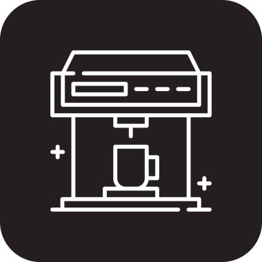 Kahve imalatçısı ve ofis simgesi, siyah çizgili. Bardak, espresso, bardak, içecek, sıcak, makine, kafe. Vektör illüstrasyonu