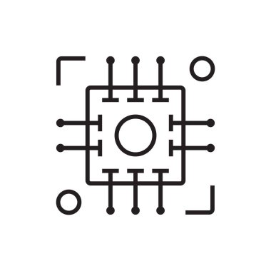 Teknoloji sektörü ve ofis simgesi, siyah ana hatlı. Sembol, ağ, dijital, çip, veri, grafik, bilgi. Vektör illüstrasyonu