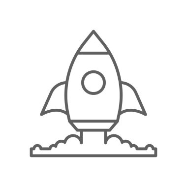 İş ve ofis simgesini siyah taslak tarzıyla başlat. Roket, strateji, yenilik, çözüm, uzay gemisi, hedef, kâr. Vektör illüstrasyonu