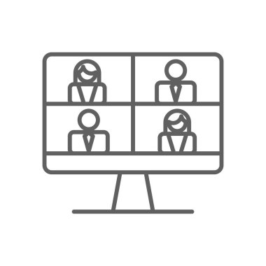 Çevrimiçi görüşme iş ve ofis ikonu, siyah taslak tarzında. bilgisayar, video, iletişim, web sitesi, konferans, internet, medya. Vektör illüstrasyonu