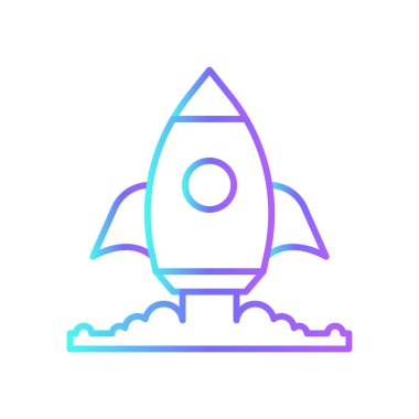 Mavi duoton tarzında iş ve ofis ikonu başlat. Roket, strateji, yenilik, çözüm, uzay gemisi, hedef, kâr. Vektör illüstrasyonu