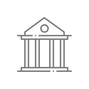 Banka Binası Finans simgesi ve siyah taslak tarzı. Ofis, şehir, mimari, inşaat, hükümet, konut, modern. Vektör illüstrasyonu