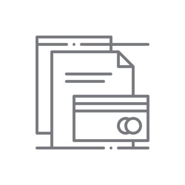 Finansal Finans simgesi ve siyah taslak tarzı. Para, banka, ödeme, yatırım, dolar, kredi, hisse. Vektör illüstrasyonu