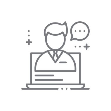 Çevrimiçi Danışman İş Adamları simgesi ve siyah taslak tarzı. Çağrı, hizmet, teknoloji, iletişim, bakım, yardım, destek. Vektör illüstrasyonu