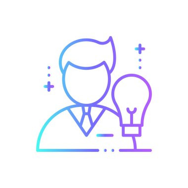 Mavi duoton stili ürün fikri iş adamları simgesi. Geliştirme, proje, araştırma, yenilik, yaratıcılık, süreç, ampul. Vektör illüstrasyonu