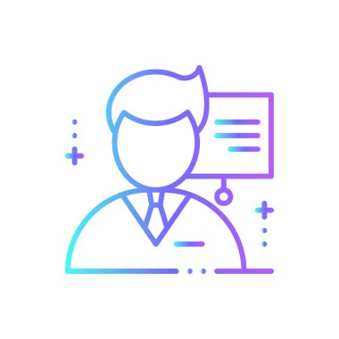 Mavi duotone tarzında sunum yapan iş adamları ikonu. İnsanlar, konferans, seminer, toplantı, eğitim, tartışma, strateji. Vektör illüstrasyonu