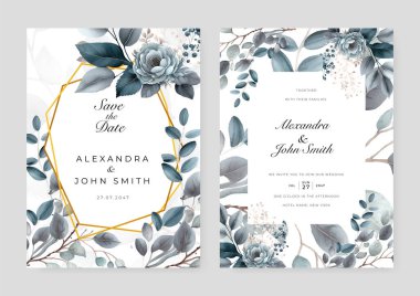 Mavi gül çiçeği çiçek taşıyıcısı zarif el düğün davetiyesi çiçek tasarımı çiziyor