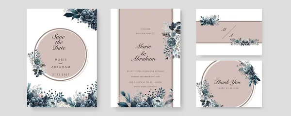 蓝色玫瑰植物矢量美丽的金线艺术婚礼卡片模板水彩画 — 图库矢量图片