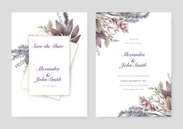 Fioletowy Lavernder Kwiat Flora Piękny Strony Rysowane Zaproszenie Ślubu — Wektor stockowy