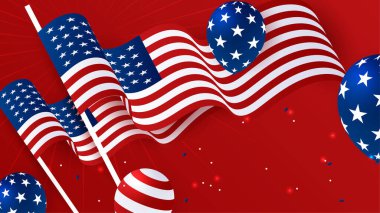 Amerikan ulusal bayrağıyla Bağımsızlık Günü 'nün 4 Temmuz' u kutlu olsun. Evrensel Amerikan bayrağı. Vektör çizimi. Anma Günü, İşçi Bayramı, sunum, vatanseverlik ve seçim için tasarlandı.