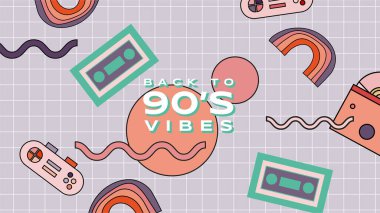 Retro, Summer Vibes 90 'ların parlak harflerine ilham verdi. Arka planda geometrik şekilli izole vektör ifadesi. Yaz temalı tasarımlar, sosyal medya, posterler için mükemmel.