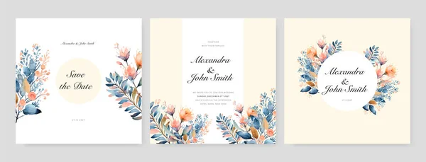 Blumenvektorkarte Hochzeitseinladung Mit Kirsch Oder Sakura Aquarellblumen Und Goldenen Elementen — Stockvektor