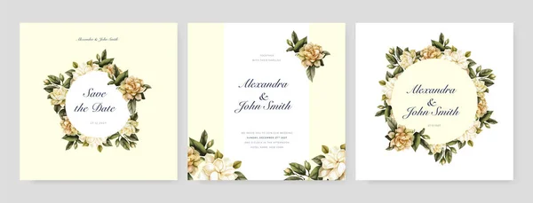 Minimalny Zestaw Kartek Ślubnych Żółtymi Kwiatami Liśćmi Akwareli Białym Tle — Wektor stockowy