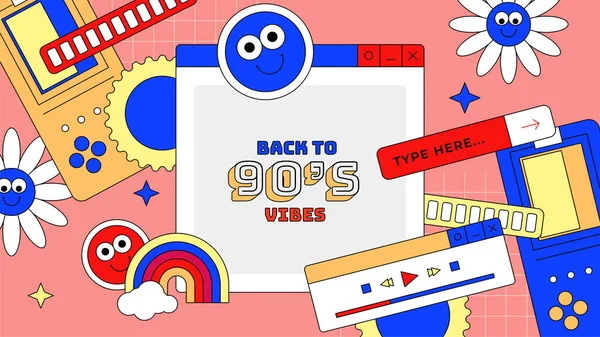 Vector 90Er Party Cartoon Hintergrundillustration Mit Retro Musik 1990 Und — Stockvektor