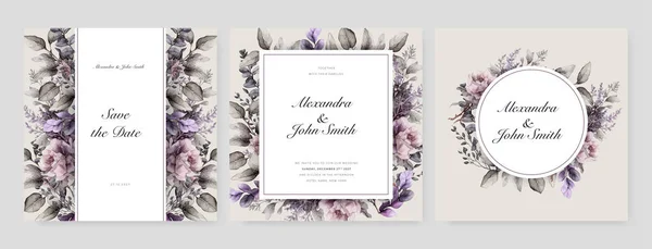 Hermosa Flor Púrpura Acuarela Invitación Boda Diseño Plantilla — Archivo Imágenes Vectoriales