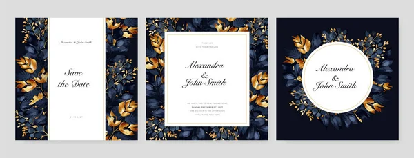 Elegante Goldene Blumenaquarell Hochzeitseinladung Design Vorlage — Stockvektor