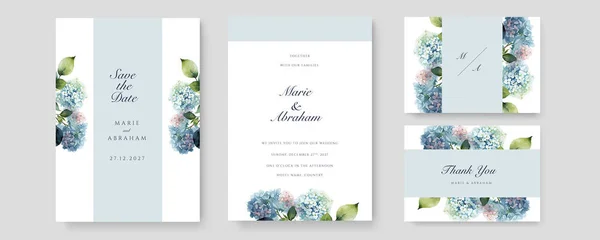Minimalny Zestaw Kartek Ślubnych Niebieskimi Kwiatami Liśćmi Akwareli Białym Tle — Wektor stockowy