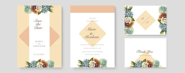Hochzeitseinladungskarte Set Vorlage Mit Orangen Blumen Und Blättern Aquarell — Stockvektor