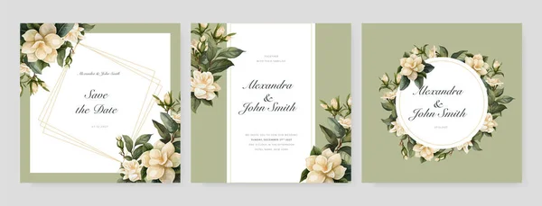 绿色水彩画婚礼套装 一套带有叶子和金色几何框架的卡片 设计与森林绿叶 问候语的花卉时尚模板 — 图库矢量图片