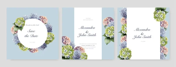 stock vector Minimal wedding invitation card set template with blue flowers and leaves watercolor in white background