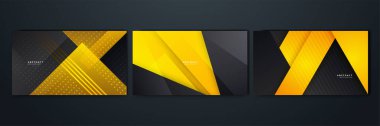 Modern siyah ve sarı altın rengi gölgeli koyu arkaplanda örtüşüyor. Kopya uzayı ile soyut moda renk geometrik şekli. Gelecekçi ve teknoloji kavramı. Vektör illüstrasyonu