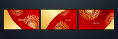 Lüks kırmızı ve mandala desenli altın kaplama. Soyut lüks kırmızı altın arka plan. Modern altın çizgi tasarım şablonu. Zarif geometrik sancak vektör illüstrasyonlu birinci sınıf altın