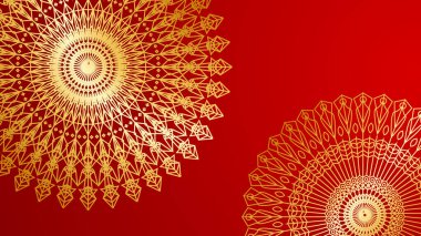 Lüks kırmızı ve mandala desenli altın kaplama. Soyut lüks kırmızı altın arka plan. Modern altın çizgi tasarım şablonu. Zarif geometrik sancak vektör illüstrasyonlu birinci sınıf altın