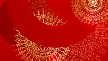 Lüks kırmızı ve mandala desenli altın kaplama. Soyut lüks kırmızı altın arka plan. Modern altın çizgi tasarım şablonu. Zarif geometrik sancak vektör illüstrasyonlu birinci sınıf altın
