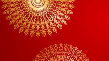 Lüks kırmızı ve mandala desenli altın kaplama. Soyut lüks kırmızı altın arka plan. Modern altın çizgi tasarım şablonu. Zarif geometrik sancak vektör illüstrasyonlu birinci sınıf altın