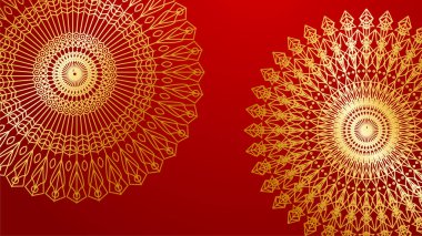 Lüks kırmızı ve mandala desenli altın kaplama. Soyut lüks kırmızı altın arka plan. Modern altın çizgi tasarım şablonu. Zarif geometrik sancak vektör illüstrasyonlu birinci sınıf altın