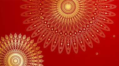 Lüks kırmızı ve mandala desenli altın kaplama. Soyut lüks kırmızı altın arka plan. Modern altın çizgi tasarım şablonu. Zarif geometrik sancak vektör illüstrasyonlu birinci sınıf altın