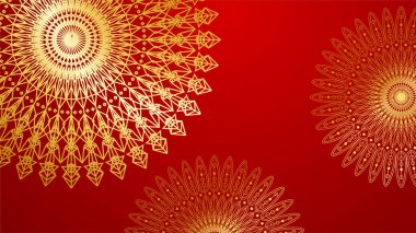 Lüks kırmızı ve mandala desenli altın kaplama. Soyut lüks kırmızı altın arka plan. Modern altın çizgi tasarım şablonu. Zarif geometrik sancak vektör illüstrasyonlu birinci sınıf altın