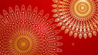 Lüks kırmızı ve mandala desenli altın kaplama. Soyut lüks kırmızı altın arka plan. Modern altın çizgi tasarım şablonu. Zarif geometrik sancak vektör illüstrasyonlu birinci sınıf altın